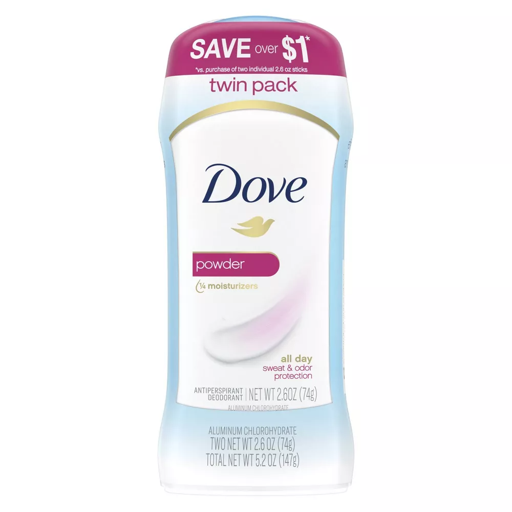 Dove Anti-Perspirant Deodorant Invisible Solid, Powder, Twin Pack, 2.6 Oz